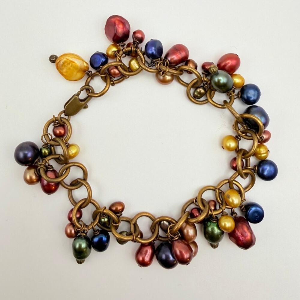 Vintage Multicolor Pearl Cluster Dangle Brass Chain Charm Bracelet 7.5"